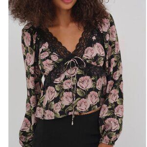 NWT FOR LOVE AND LEMONS CLARISSE LONG SLEEVE V-NECK ROSE PRINT BLOUSE SIZE M